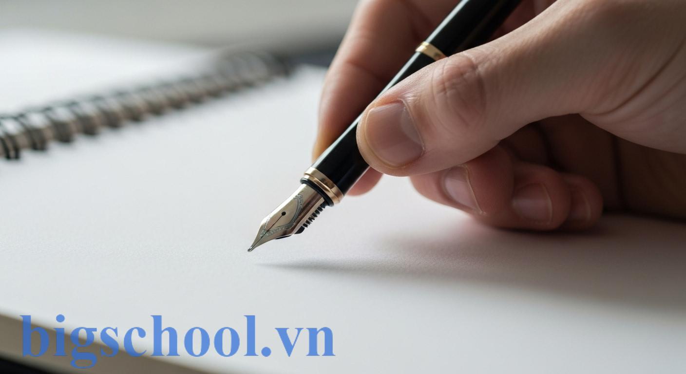 Bàn tay đặt bút cẩn thận lên trang giấy, tượng trưng cho sự chính xác và tỉ mỉ trong viết lách.