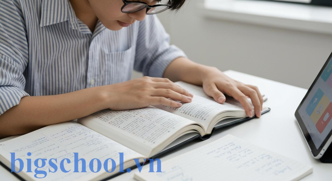 Học sinh hoặc người lớn đang chăm chỉ học tiếng Việt, tra từ điển để phân biệt các phụ âm "ch" và "tr" và cải thiện chính tả.