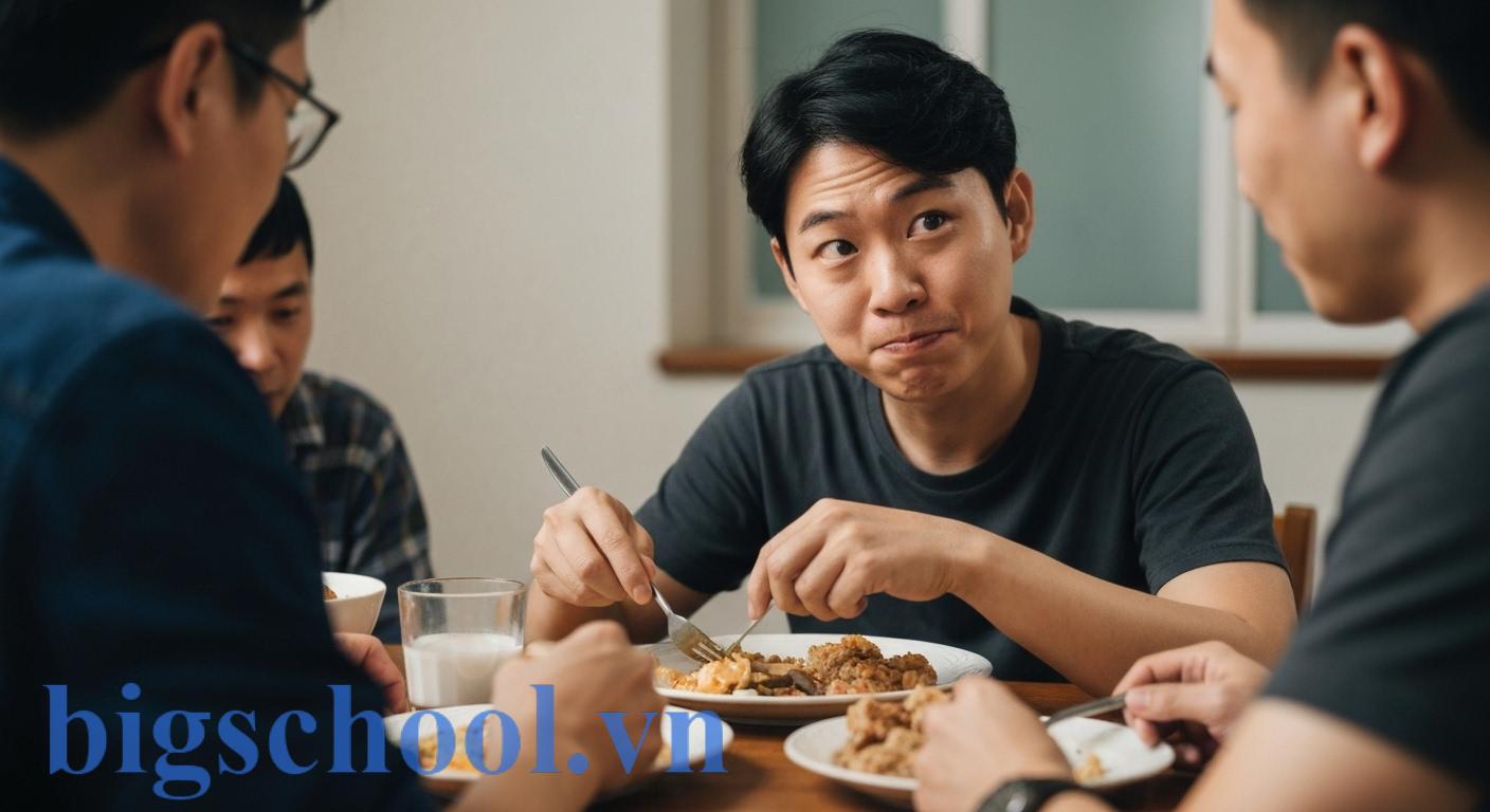 Minh họa người đang "ăn chực", ăn ké bữa ăn của người khác một cách không được mời, thể hiện sự thiếu tế nhị.