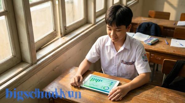 Học sinh Việt Nam đang theo dõi kết quả học tập với điểm trung bình cao trên máy tính bảng.