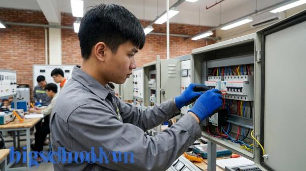 Sinh viên thực hành lắp đặt hệ thống điện và cơ sở hạ tầng kỹ thuật trong tòa nhà.