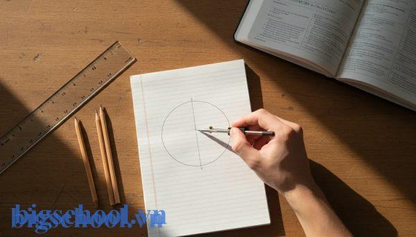 Học sinh sử dụng dụng cụ học tập để vẽ sơ đồ hình học vận dụng định lý Talet nâng cao.