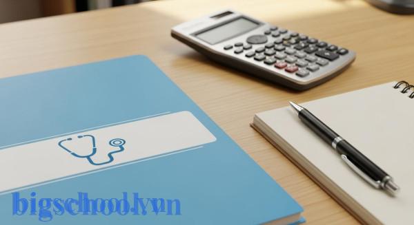 Hồ sơ bảo hiểm y tế và dụng cụ học tập trên bàn làm việc