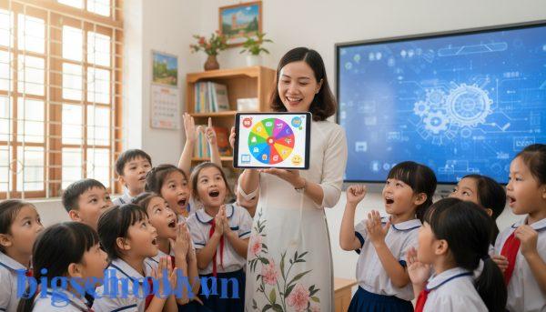 Sử dụng tính năng vòng quay ngẫu nhiên trên máy tính bảng trong giờ học tại Việt Nam.