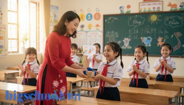 Giáo viên Việt Nam khen thưởng học sinh trong lớp học hạnh phúc áp dụng BeeClass.