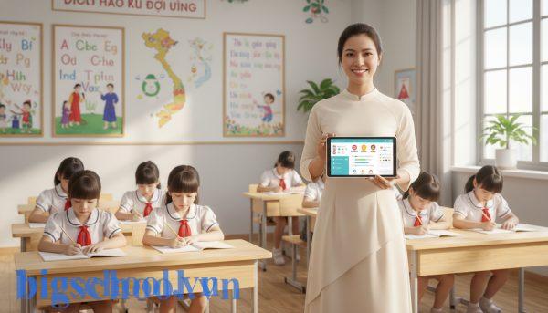 Cô giáo Việt Nam sử dụng máy tính bảng đồng bộ điểm thưởng BeeClass qua máy chủ đám mây.