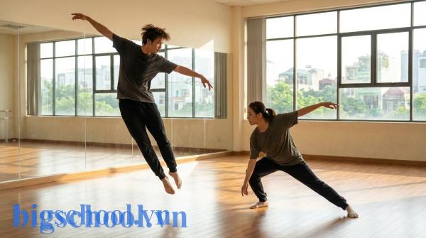 Các diễn viên thực hành kỹ thuật hình thể và biểu cảm không lời trong phòng tập nghệ thuật.