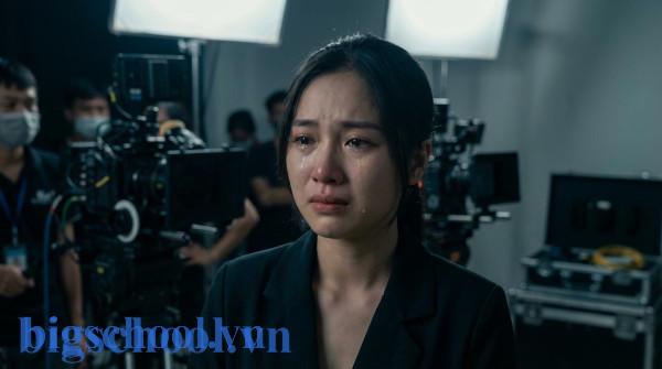 Nữ diễn viên Việt Nam thể hiện cảm xúc chân thực và sâu sắc trong một phân cảnh điện ảnh chuyên nghiệp.