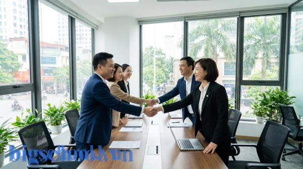 Các chuyên gia người Việt bắt tay chúc mừng dự án hoàn thành êm xuôi trong văn phòng hiện đại.