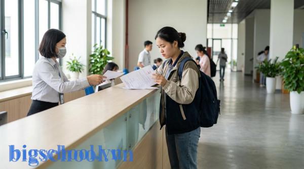 Sinh viên nhận giấy xác nhận sinh viên và kiểm tra thông tin tại văn phòng nhà trường.