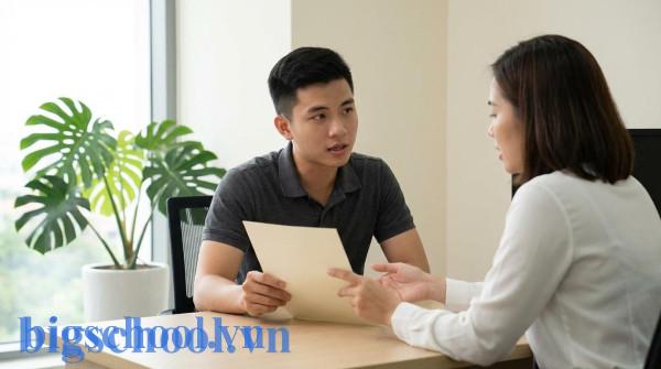 Sinh viên Việt Nam đang thực hiện thủ tục vay vốn tại ngân hàng bằng giấy xác nhận sinh viên.