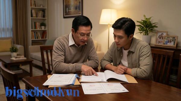 Phụ huynh và sinh viên chuẩn bị hồ sơ giấy xác nhận sinh viên để làm thủ tục giảm trừ gia cảnh thuế.