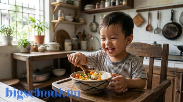 Em bé Việt Nam hào hứng với bữa ăn dinh dưỡng thể hiện nết hay ăn tốt cho sức khỏe.