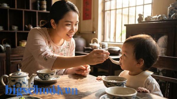 Bữa ăn gia đình Việt Nam ấm cúng nơi trẻ được khuyến khích ăn chậm nhai kỹ.
