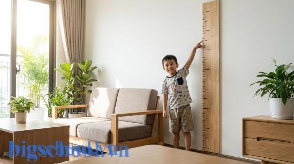 Cậu bé Việt Nam khỏe mạnh đo chiều cao bên bức tường đánh dấu sự phát triển vượt trội.