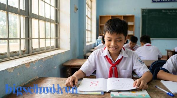 Học sinh tiểu học Việt Nam mỉm cười rạng rỡ khi nhận được phiếu đánh giá học tập hoàn thành tốt.