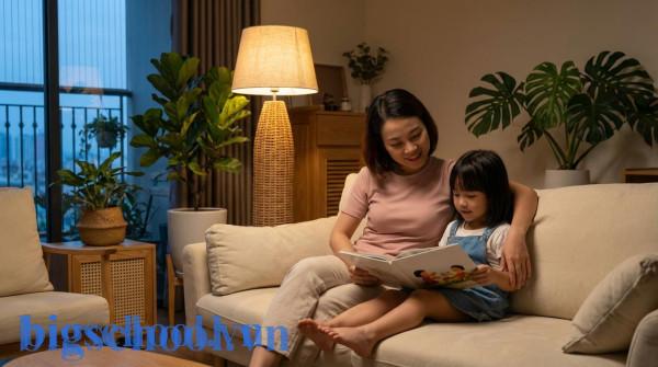 Người mẹ Việt Nam đang ân cần ngồi cạnh và động viên con gái nhỏ cùng học bài tại nhà.