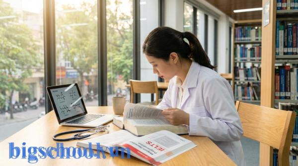 Sinh viên ngành Dược Việt Nam đang ôn tập IELTS và tra cứu thuật ngữ tiếng Anh chuyên ngành y khoa.