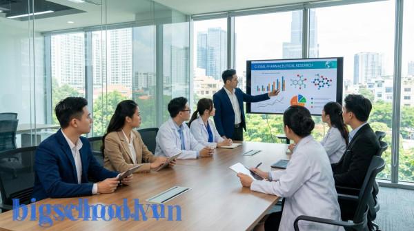 Các chuyên gia dược phẩm Việt Nam thảo luận chuyên môn bằng tiếng Anh tại văn phòng công ty đa quốc gia.
