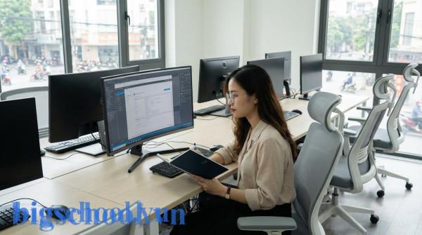 Nữ chuyên viên kiểm thử phần mềm người Việt đang tập trung phân tích lỗi ứng dụng trên máy tính.