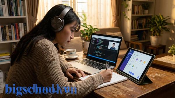 Sinh viên Việt Nam đang tự học tiếng Anh chuyên ngành IT qua video bài giảng trực tuyến tại nhà.