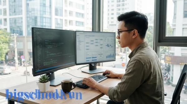 Lập trình viên trẻ người Việt đang nghiên cứu tài liệu công nghệ bằng tiếng Anh tại văn phòng hiện đại.