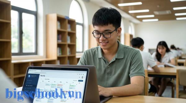 Một sinh viên đại học Việt Nam đang chăm chú xem lịch học kỳ mới trên máy tính tại thư viện.