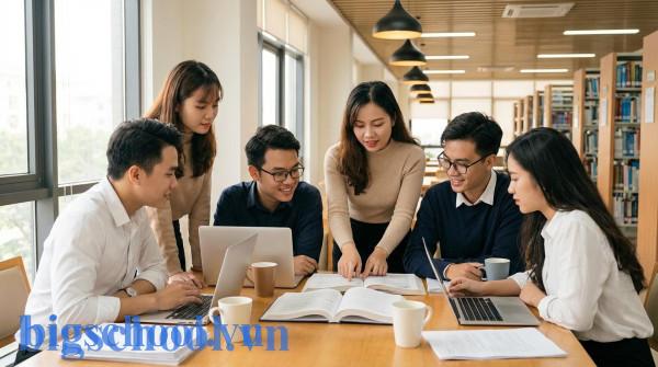 Nhóm sinh viên luật Việt Nam thảo luận bài học bằng tiếng Anh tại thư viện đại học.