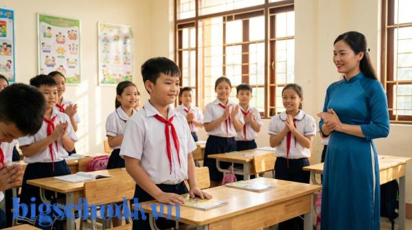 Học sinh tiểu học Việt Nam được cả lớp chúc mừng khi đạt danh hiệu học sinh tiêu biểu.