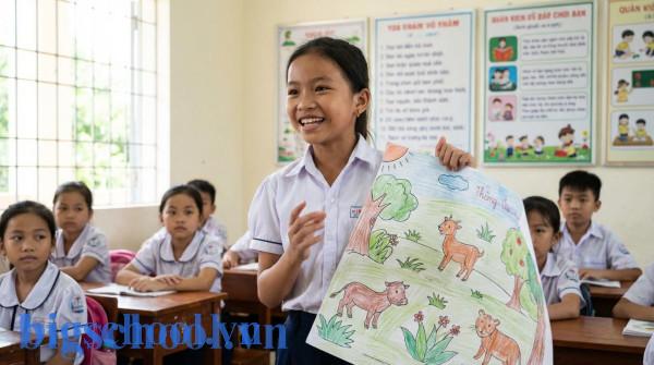 Một học sinh Việt Nam đang tự tin thuyết trình về dự án cá nhân trong lớp học.