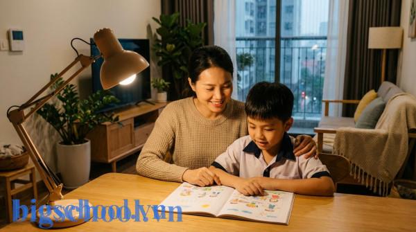 Người mẹ Việt Nam đang mỉm cười và khích lệ con trai học tập tại nhà.