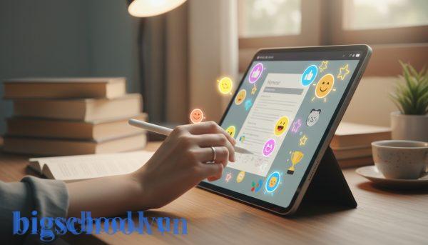 Giao diện chấm điểm bài tập trên tablet với các biểu tượng sticker khen thưởng dành cho học sinh.