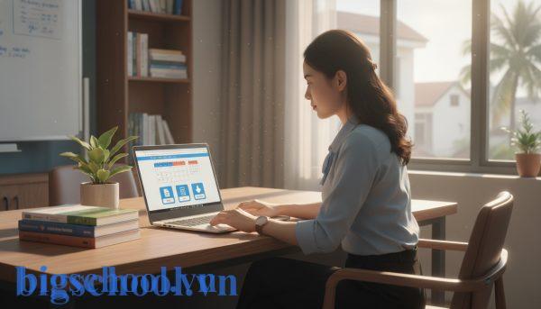 Giáo viên Việt Nam đang sử dụng laptop để thiết lập hạn nộp bài tập trên hệ thống BeeClass.