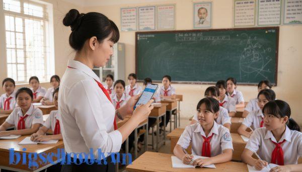 Giáo viên thực hiện điểm danh học sinh bằng điện thoại thông minh ngay trong lớp học tại Việt Nam.