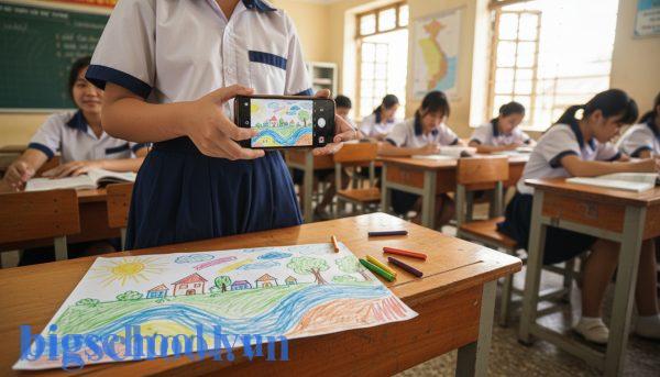 Học sinh nộp bài tập vẽ tay lên hệ thống Portfolio của ClassDojo qua điện thoại thông minh.