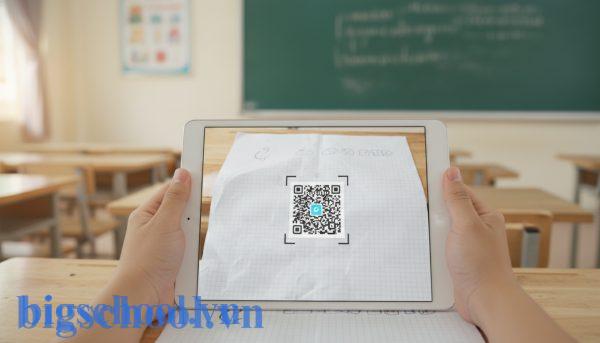 Học sinh Việt Nam sử dụng máy tính bảng quét mã QR để đăng nhập vào lớp học ảo.