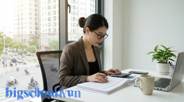 Nữ nhân viên kế toán người Việt tập trung xử lý hồ sơ tài chính trong văn phòng hiện đại.