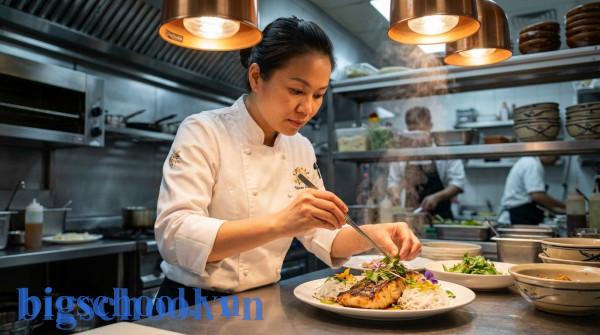 Nữ đầu bếp người Việt đang trang trí món ăn một cách nghệ thuật trong không gian bếp cao cấp.