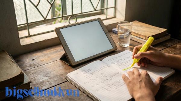 Cận cảnh bàn học của sinh viên với các ghi chép ngữ pháp và từ vựng tiếng Anh bài bản tại Việt Nam.