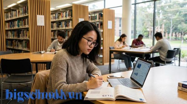 Một sinh viên Việt Nam đang chăm chú ôn tập các chứng chỉ tiếng Anh như IELTS và TOEIC trong thư viện.