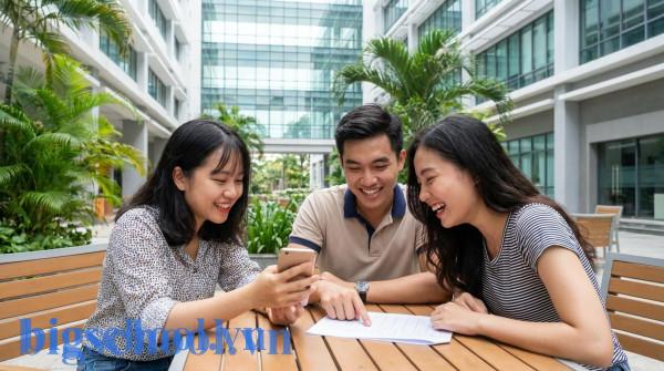 Nhóm sinh viên Việt Nam thảo luận về lộ trình nâng cấp tiếng Anh tại khuôn viên trường đại học hiện đại.