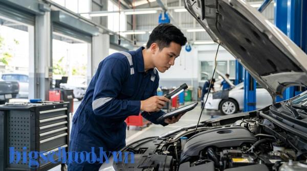Không giỏi tiếng Anh nên học ngành nào? Kỹ năng là vàng, không phải ngoại ngữ! 2 Kỹ thuật viên người Việt đang kiểm tra và sửa chữa động cơ xe ô tô hiện đại tại gara.