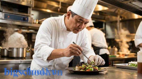 Không giỏi tiếng Anh nên học ngành nào? Kỹ năng là vàng, không phải ngoại ngữ! 4 Đầu bếp người Việt đang tỉ mỉ trình bày món ăn tinh tế trong không gian bếp chuyên nghiệp.