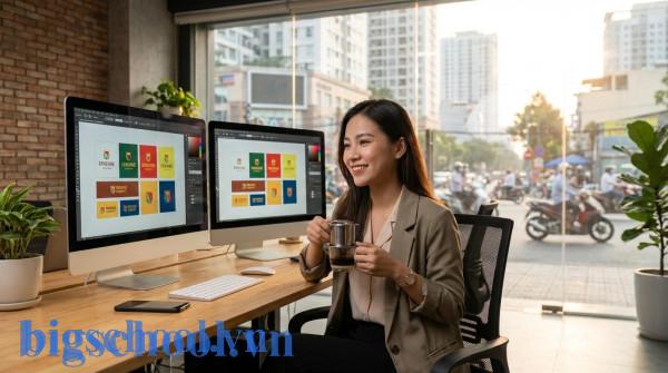 Nữ chuyên viên thiết kế đồ họa người Việt sáng tạo nội dung trên máy tính tại văn phòng hiện đại.