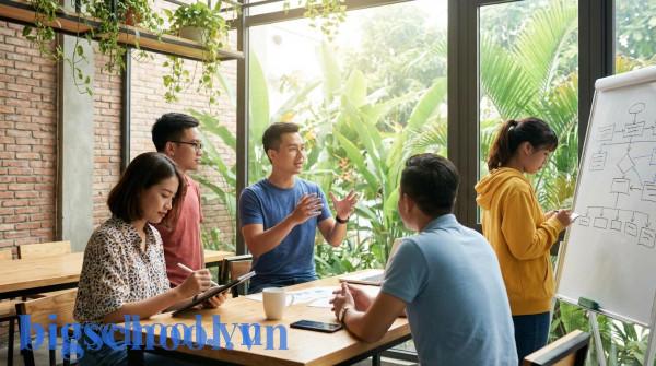 Nhóm sinh viên Việt Nam thảo luận phát huy năng lực sáng tạo tại không gian làm việc hiện đại.