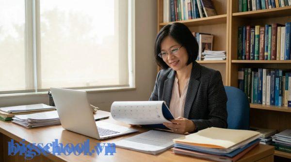 Giáo viên nữ Việt Nam đang tìm hiểu quy định nghỉ phép qua tài liệu và máy tính.