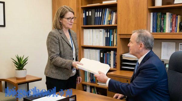 Giáo viên THCS thực hiện quy trình nộp đơn xin nghỉ phép và bàn giao công việc tại văn phòng nhà trường.