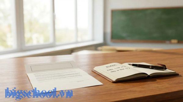 Bản thảo đơn xin nghỉ phép của giáo viên THCS được trình bày đúng chuẩn hành chính trên bàn làm việc.