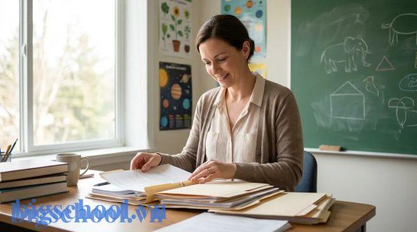 Giáo viên tiểu học đang thực hiện bàn giao hồ sơ giảng dạy chuyên nghiệp.