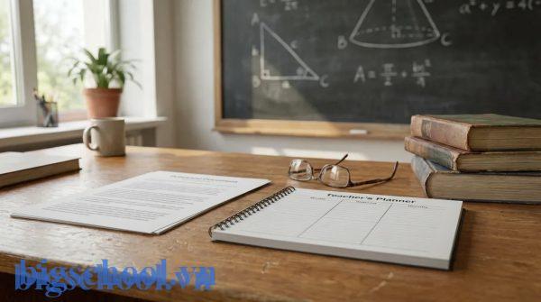 Giáo viên hoàn thiện hồ sơ bàn giao chuyên môn và đơn nghỉ phép trên bàn làm việc chuyên nghiệp.